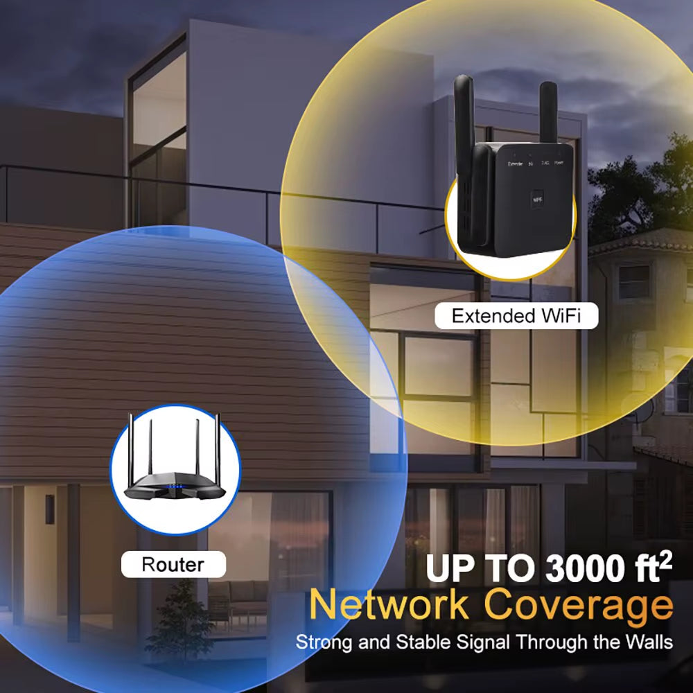 5Ghz AC1200 Wifi Repeater 1200Mbps Router Black Wifi Extender Amplifier 2.4G/5Ghz Wi-Fi Signal Booster Long Range Network