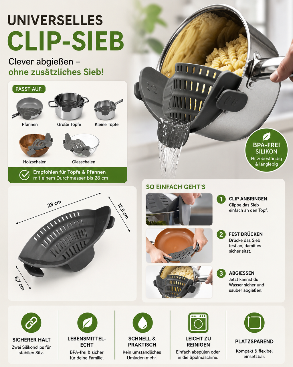 Verstellbares Clip-Sieb zum Kochen