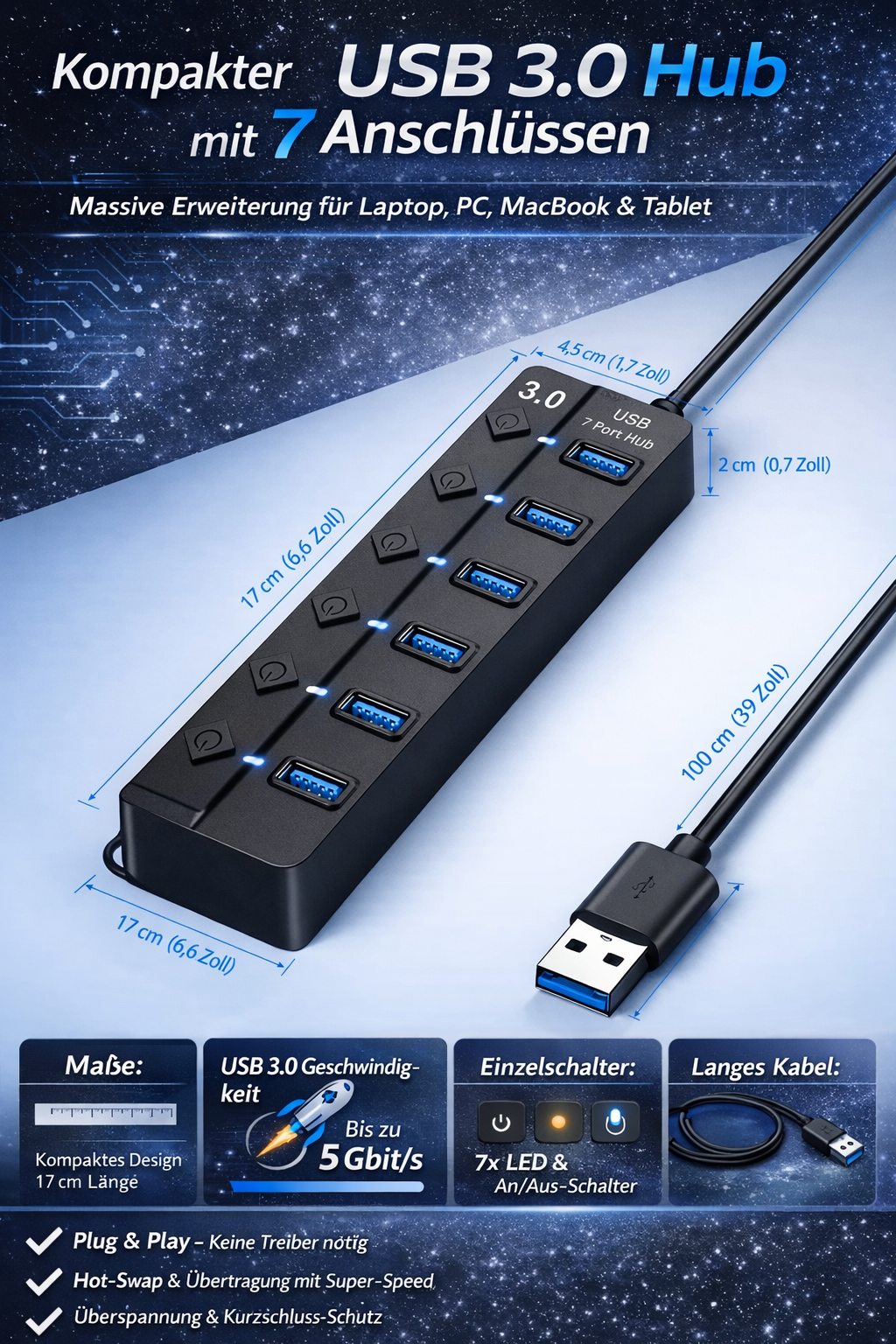 Hub USB 3.0 con interruttori di accensione/spegnimento