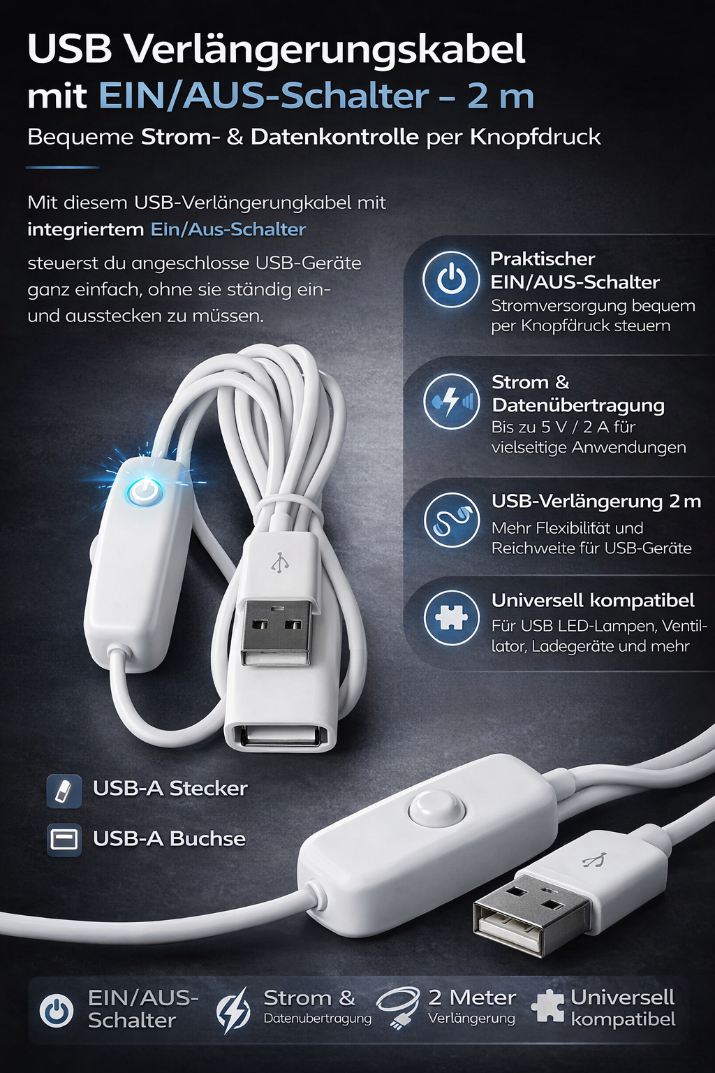 Cavo di prolunga USB con interruttore ON/OFF
